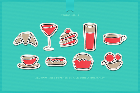 set of hand drawn style breakfast stickers over blue paper background.のイラスト素材