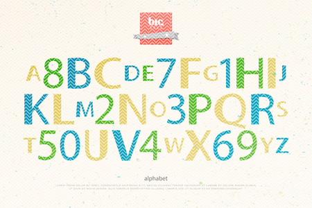 cartoon style alphabet letters and numbers over paper texture. vector, comic font type design. kids entertainment lettering. comical book typesetting. zigzag typeface templateのイラスト素材