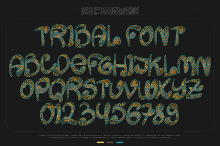 tribal style alphabet letters and numbers isolated on black background. vector South American tribe font type. ethnic ornament character design. ancient handwritten, decorative typesettingのイラスト素材