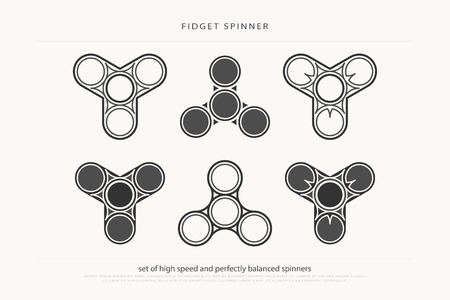 set of trendy fidget spinner icons. vector contemporary toy design. relaxation hand roller logo. hobby and fun rotation object. focus attention, relieve anxiety medical benefitsのイラスト素材