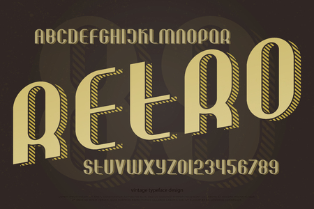vintage alphabet letters and numbers with striped shadow. vector, isometric font type. retro, 3d effect typeface design. stylish grunge typesettingのイラスト素材
