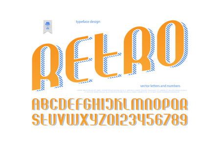 vintage alphabet letters and numbers with striped shadow. vector, stylized font type. retro, headings typeface design. stylish sans serif typesettingのイラスト素材