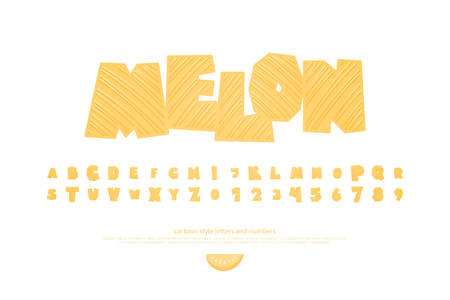 set of summer stylized alphabet letters and numbers. vector, cartoon style font type. fresh packaging typeface design. cool, melon decorative typesettingのイラスト素材