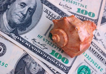 How mach is the summer travel? Close-up of 100 dollar bills and shellの写真素材