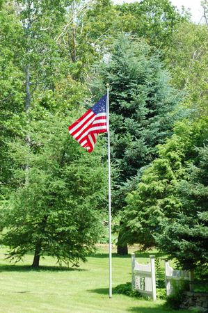 Full American Flag flying in the wind, with trees behind itの写真素材
