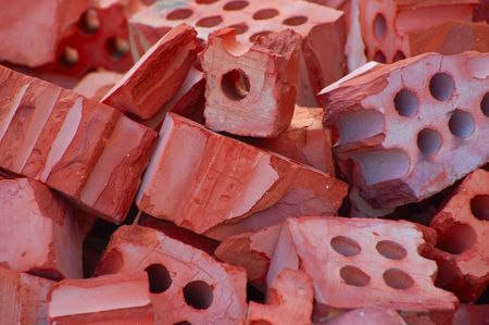 heap of red broken bricksの写真素材