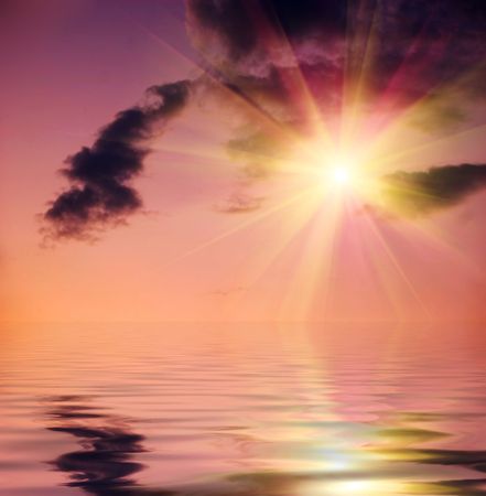night is falling - violet and pink sky background over seaの写真素材