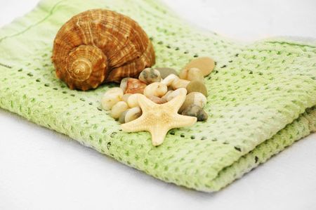 shell, pebbles and sea star on green towelの写真素材