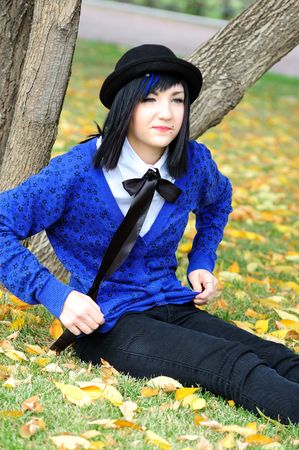 funny young pretty long haired blue-eyed  brunette の写真素材