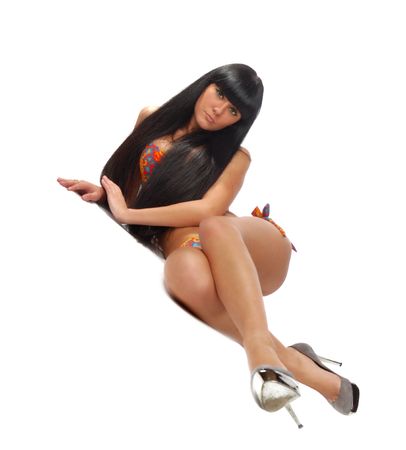 pretty black hair girl in black underwear isolated on whiteの写真素材