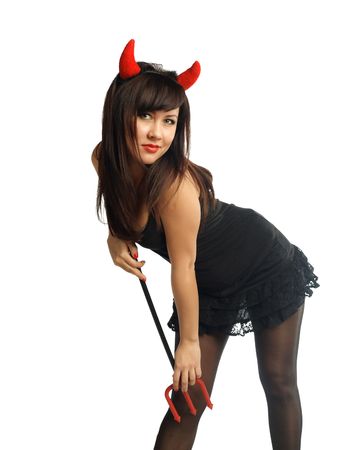 pretty girl in devil costume isolated on whiteの写真素材