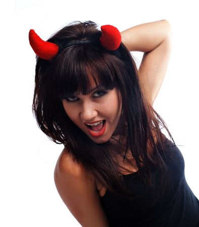 pretty girl with red horns isolated on whiteの写真素材