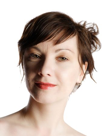 clear face of pretty green-eyed girl  on whiteの写真素材