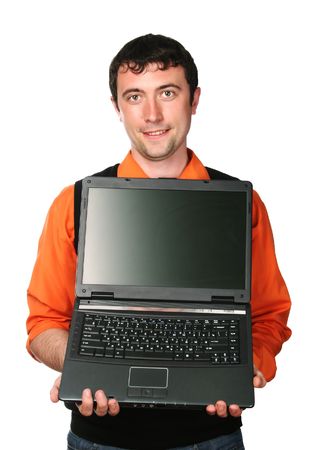 men  in orange shirt smiling isolated on whiteの写真素材