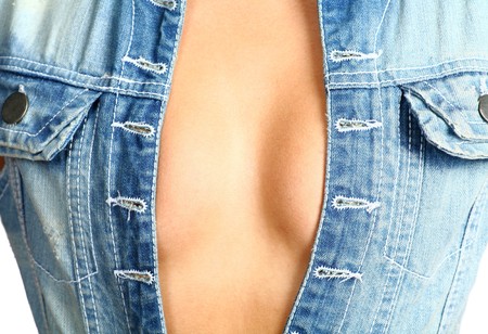 boobs of sexy girl in jeans wear isolated on white backgroundの写真素材