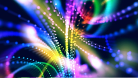bunch of optical fibres dinamic flying from deep on technology backgroundの写真素材