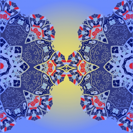 Oriental mandala motif half round lase pattern on the blue background, like snowflake or mehndi paint in blue colorのイラスト素材