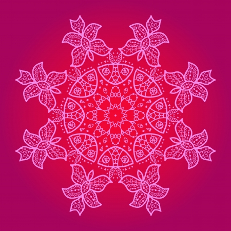 Oriental mandala motif round lase pattern on the pink background, like snowflake or mehndi paint in red and blueのイラスト素材