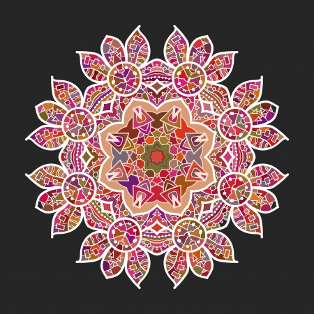 What is karma  Oriental mandala motif round lase pattern on the black background, like snowflake or mehndi paint of deep red colorのイラスト素材