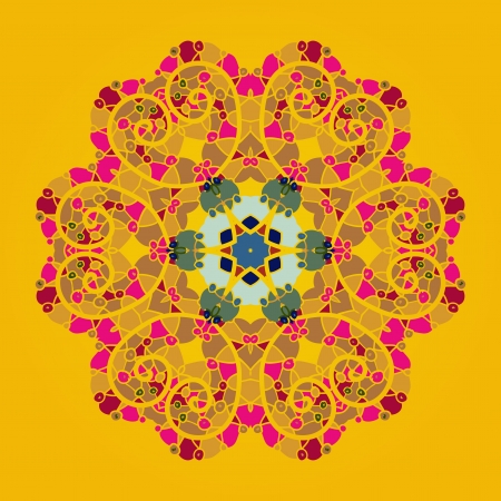 Oriental mandala motif round lase pattern on the yellow background, like snowflake or mehndi paint of orange color  Ethnic backgrounds concept  What is karmaのイラスト素材