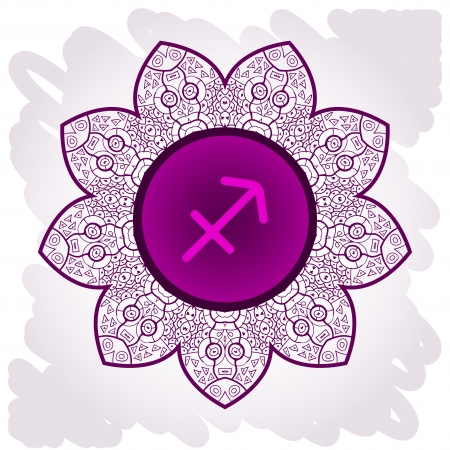 zodiac sign Sagittarius  What is karma  Vector circle zodiac signs on ornate wallpaper  Oriental mandala motif square lase pattern, like snowflake or mehndi paint  Watercolor elements on backgroundのイラスト素材