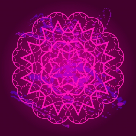 What is karma? Oriental mandala motif round lase pattern on the violet background, like snowflake or mehndi paint of deep pink colorのイラスト素材