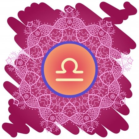 sign Libra. What is karma Vector circle with  signs on ornate wallpaper. Oriental mandala motif square lase pattern, like snowflake or mehndi paint. Watercolor elements on backgroundのイラスト素材