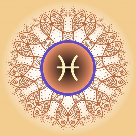  sign Pisces. What is karma Vector circle with signs on ornate wallpaper. Oriental mandala motif square lase pattern, like snowflake or mehndi paint. Watercolor elements on backgroundのイラスト素材