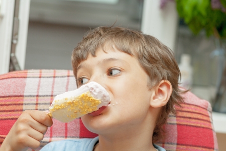 Portrait of a boy with ice cream Indoorsの写真素材
