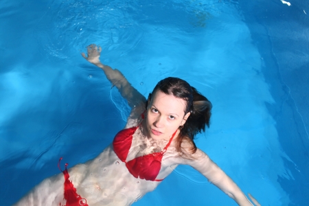 Young Red Bikini Female In Swimming in Poolの写真素材
