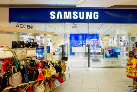 ASTRAKHAN, RUSSIA - AUG 16, 2014: Samsung shop at local mall.  Samsung is the most popular brand of mobile divices in Russiaのeditorial素材