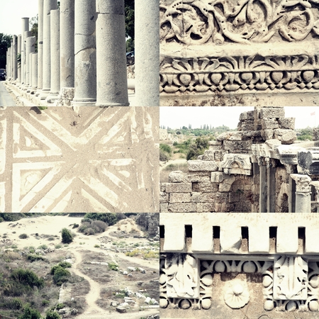 Pillars, ornaments and ruined buildings set of images of ancient Roman architecture in Side, Turkey.の写真素材