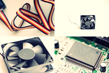 Chip, fan and colorful wires. Collection of images.の写真素材