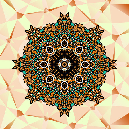 Ornate stylized mandala design over triangles background.のイラスト素材