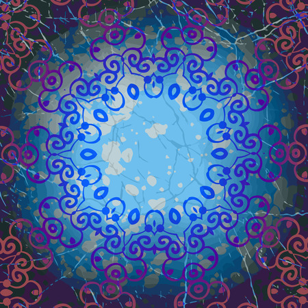 Mandala round frame in blue color. Indian art ornament. Old vintage card design. Retro floral pattern. Blue snowflake lace. Abstract grunge elementのイラスト素材