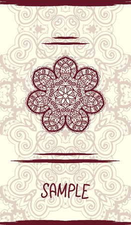 Vertical wedding Card with ornate mandala floral pattern. Vintage decorative element. Hand drawn background. Islamic, arabic, indian, ottoman, asian motifs. Tribal design in henna color.のイラスト素材