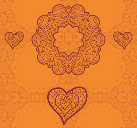 Valentine card design. Ornamental orange vector flyer. Love card. Heart shaped vintage decorative elements. Hand drawn outline mandala. Islamic, arabic, indian, ottoman, asian motifs. Flayer template.のイラスト素材