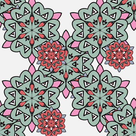 Japanese pattern. Ornamental styled small red and big green mandalas endless seamless wallpaper design over light background. Vintage tribal oriental motif.のイラスト素材