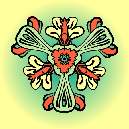Stylized flower in orange and green color. Decorative vintage elementのイラスト素材