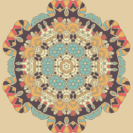 Dim coloured seamless mandala. Brown, blue and orange colors. Vintage decorative elements. Colorful Hand drawn background. Islamic, Arabic, Indian, Asian, Ottoman motifs.のイラスト素材