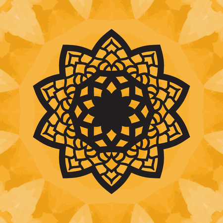 Elegant yantra-like pattern on yellow seamless texture. Hand-drawn mandala flower. Ornamental round seamless lace pattern. Abstract vector tribal ethnic yoga yantra background endless pattern.のイラスト素材