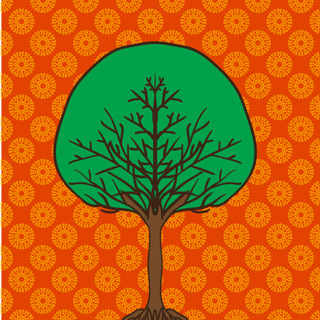 flat cartoon style tree icon on ornamental background can be used like design element.のイラスト素材