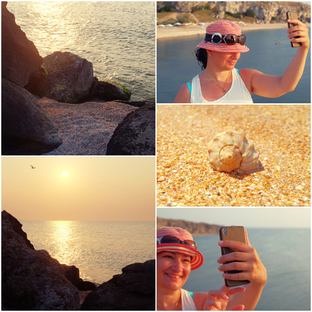Happy woman having fun on vacations making selfie. Holiday fun collage of toned images.の写真素材