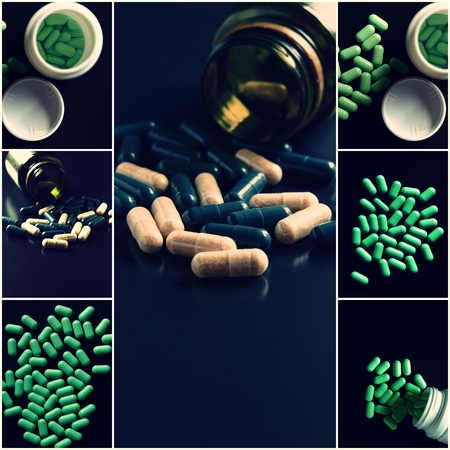 Medical theme collage. Green pills set of images shot with copyspace.の写真素材