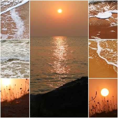 Collage of sea shots in sunset time toned in warm vintage color imagesの写真素材