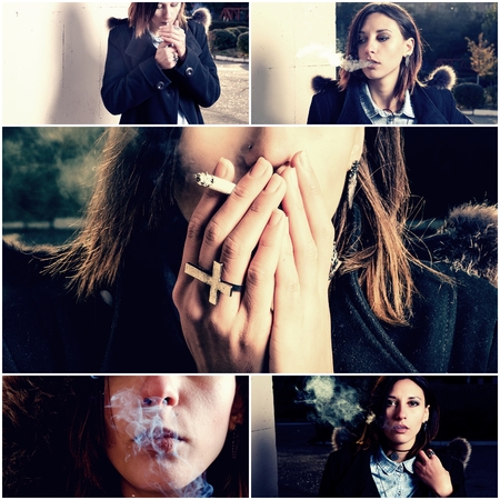 oung woman smoker. Bad habit concept collage of vintage toned imagesの写真素材