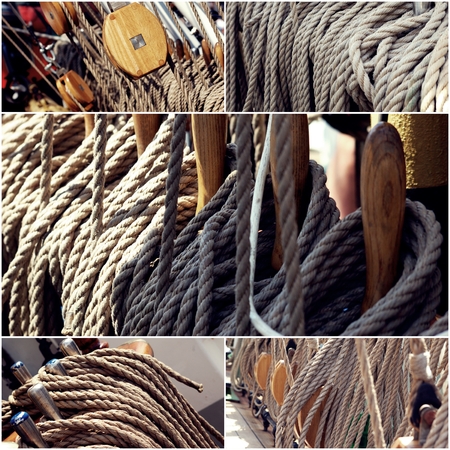 Sailing boat winches and ropes collage of toned photos.の写真素材