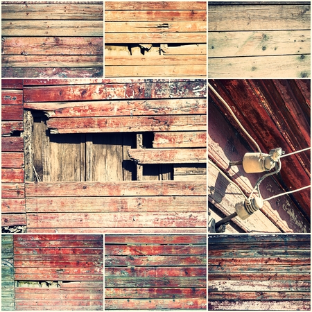 Old plank wooden wall background Collage of toned photos.の写真素材