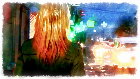 Young woman in the night street rear view with carlights and copyspace, art watercolor paint
