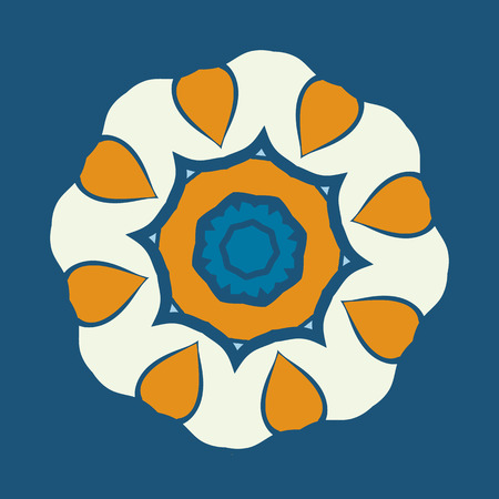 Mandala ornament over blue background. Decorative round ornament for colouring anti-stress therapy. Fabric design elements. Yoga inspired backgrounds meditation poster. Unusual stylized flower shape.のイラスト素材